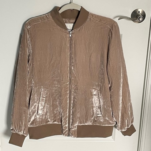 Madewell Tan Velvet Silk Blend Full Zip Bomber Jacket - 35565 - Picture 2 of 16